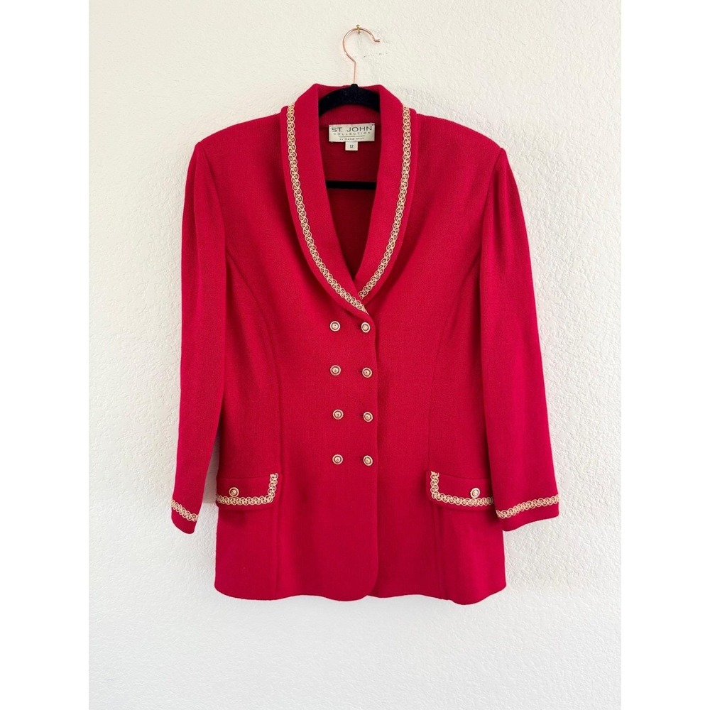 St. John Collection Red Knit‎ Suit Set Gold Trim Double Breasted Blazer 12/10